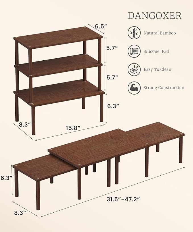 Cabinet Organizer Shelf(Set of 3),Bamboo Kitchen Counter Shelves for Countertop and Cabinet,Stackable Shelf Spice Racks,Large (Brown)