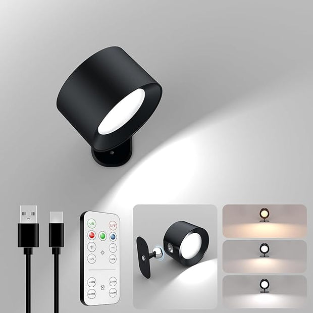 AOMEES Wall Lights Battery Operated Wall Sconce, 3 Color Temperatures & 3 Brightness Levels & Remote and Touch 360°Rotation, Mounted Cordless Lamp Magnetic Rechargeable Led Lights for Bedroom