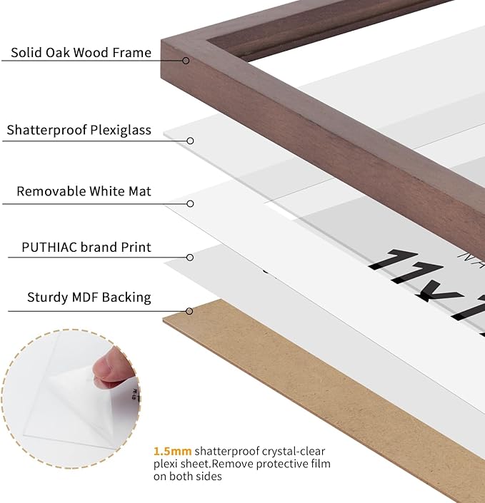 puthiac 11x17 Solid Oak Wood Picture Frame, Fits 8x12 with Mat or 11x17 Without Mat, Wall Display Only, Vertical or Horizontal, Plexi Front, 3 Pack, Walnut