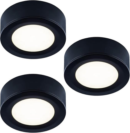 LUMILAND Wired LED Puck Lights 120V (2.7Wx3) Plug-in Lighting Warm White, LED Cabinet Light for Kitchen Can Be Surface Mount or Recess Mount, Black
