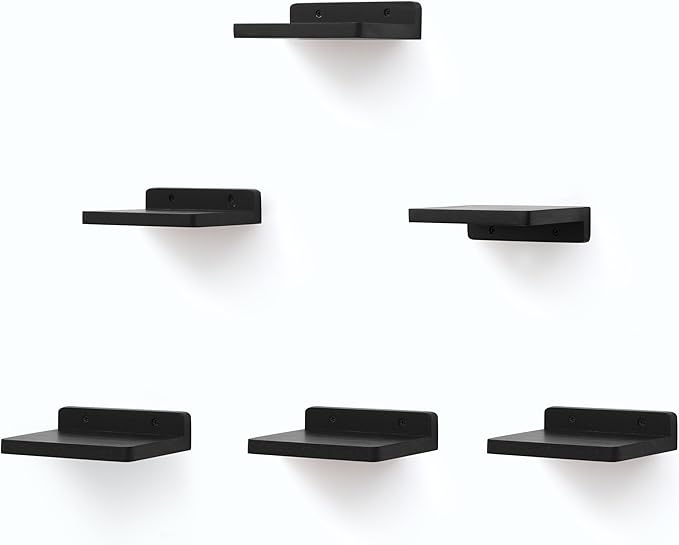 Small Floating Shelf, 5x6 Inch Display Ledges for Wall,Mini Shelves,Rustic Wood Shelf for Bedroom Living Room Bathroom Kitchen (6, Black)