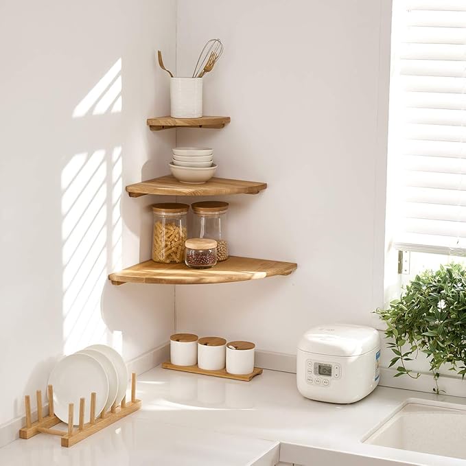 Corner Shelf Wall Mount, 7inch Oak Wood Floating Corner Shelf Round End Small Corner Nightstand Plant Shelf Wall Mount for Kitchen, Living Room, Bedroom