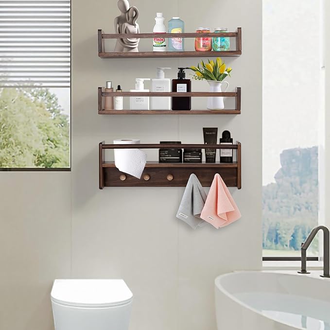 AZSKY 24 Inch Book Shelves for Nursery Floating Bookshelf Wall Mount Deep Walnut Shelves for Room Wall Hooks for Hanging Nursery Shelf for Kids Room Bedroom Bathroom Living Room Kitchen Set of 3
