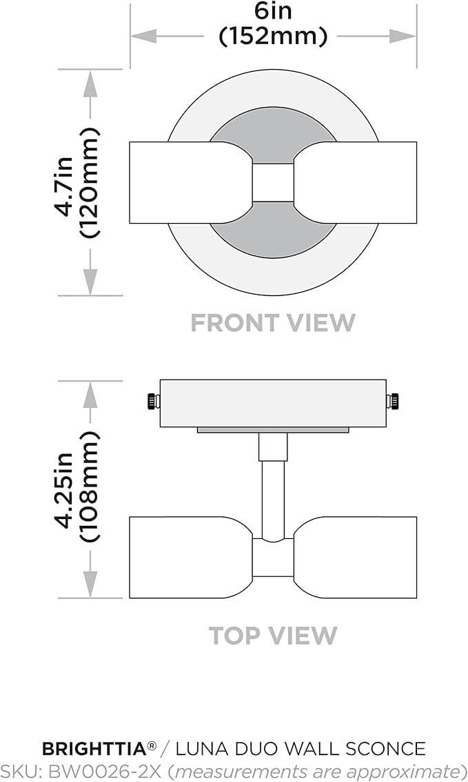 BRIGHTTIA Luna Duo 2 Light Wall Sconce - Mid Century Modern Fixture for Wall & Ceiling - Minimalist Edison Lamp for Hallway and Bathroom Vanity - White & Gold (BW0026-2WG)