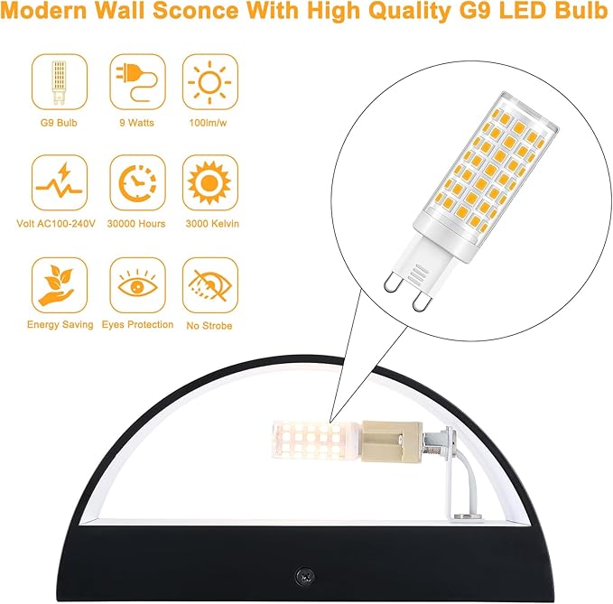 Black Modern LED Wall Sconce (with G9 Bulbs) Hardwired Indoor Wall Lights Up and Down Wall Mount Lamps for Hallways, Bedrooms, Hallways, Living Room 3000K Warm White