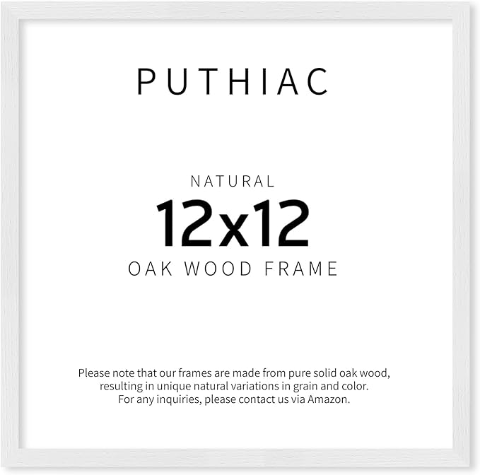 puthiac 12x12 Solid Oak Wood Picture Frame, Fits 8x8 with Mat or 12x12 Without Mat, Wall Display Only, Plexi Front, 1 Pack, White