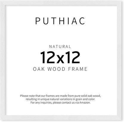 puthiac 12x12 Solid Oak Wood Picture Frame, Fits 8x8 with Mat or 12x12 Without Mat, Wall Display Only, Plexi Front, 1 Pack, White
