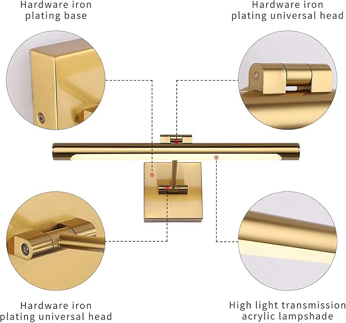 Joosenhouse LED Picture Light Fixtures Dimmable 16.53" Inch Modern Metal Artwork Hallway Lamps with Single Swing Arm, 7W (50W Eqv.), Hardwired Connection, Warm White, CRI80+, Golden-Like Brass Finish