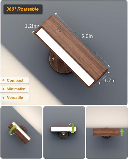 Wooden Wall Sconce Battery Operated with Remote,Rechargeable Wall Lights for Bedroom with 3 Color Temperature, Magnetic, Stick-On, Dimmable Wall Reading Lights (Walnutwood, 2 Pack)