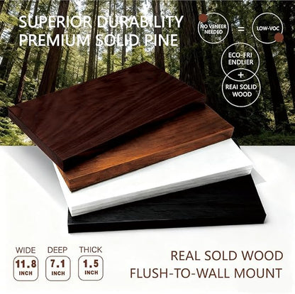 Solid Wood Floating Shelves,11.8in Finished Real Wood Wall Shelves with Heavy-Duty Hidden Bracket, Easy Installation, Set of 2, 11.8in x 7.1in x 1.5in, for Living Room Bedroom Kitchen,Black