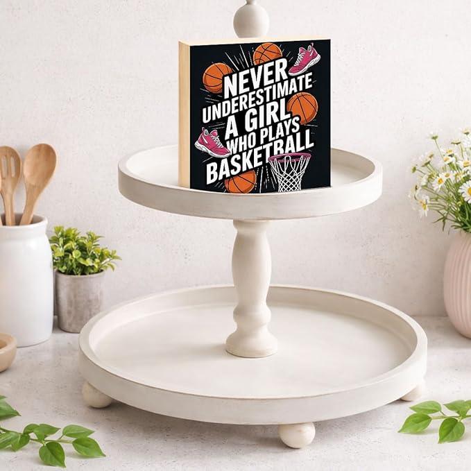 Basketball Home Decor - Gift for Girl Basketball Lover - Double-sided Wood Box Sign for Home Kitchen Farmhouse Office Tiered Tray Desk Shelf Decor