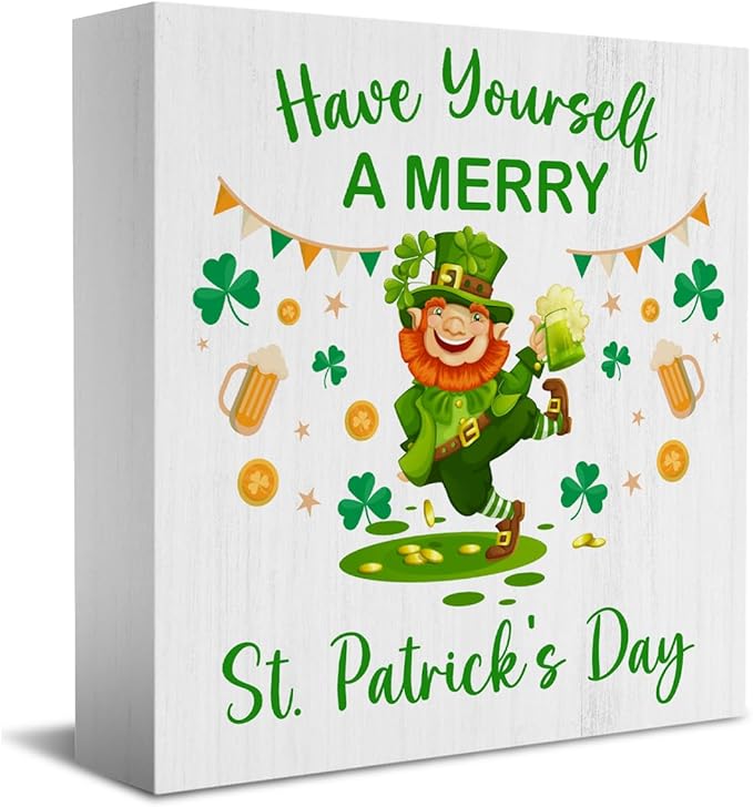 Have Yourself A MERRY St. Patrick's Day Wooden Box Sign, Green Lucky Clover Little Elf Gold Coins Desk Decorate, Spring Decor, Home Desk Shelf Decor 5.1 x 5.1 Inches