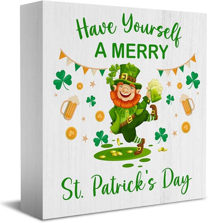 Have Yourself A MERRY St. Patrick's Day Wooden Box Sign, Green Lucky Clover Little Elf Gold Coins Desk Decorate, Spring Decor, Home Desk Shelf Decor 5.1 x 5.1 Inches