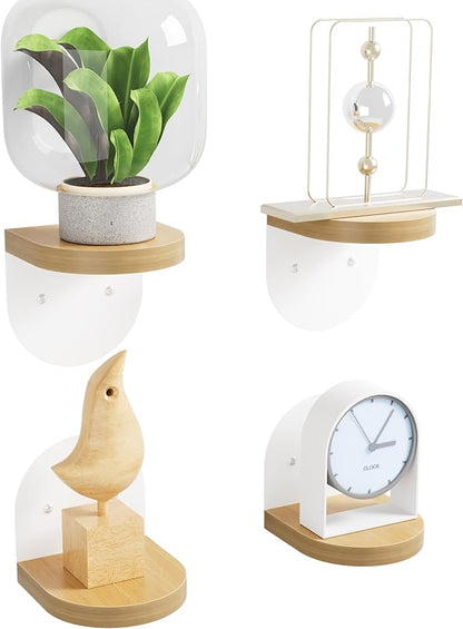 SAYAYO Small Floating Shelves for Wall Storage, 4 x 4 Inch Wall Shelves for Bedroom Decor, Mini Display Wood Shelf Organizer with White Base for Living Room, Office, Balcony, Rustic Brown，4 Pcs