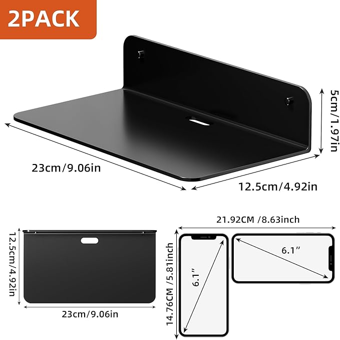 Small Adhesive Wall Shelves, 9" Metal Floating Shelf with Cable Hole, Display Ledge for Photo Frame, Figurine, Small Craft, Electronics, (Black, 2 Pack)