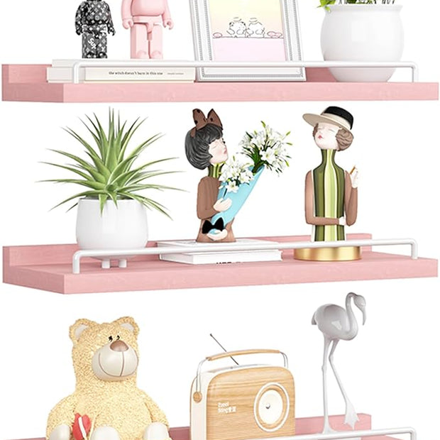 Pink and White Floating Shelves, Kawaii Room Decor Wall Shelves - Set of 3 for Living Room, Bedroom, Kitchen, Picture Frames, Plants