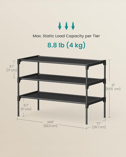 SONGMICS Shoe Rack, 3-Tier Shoe Storage Organizer, Space-Saving, 11.7 x 24.5 x 21 Inches, Entryway, Metal Frame, Non-Woven Fabric Shelves, Ink Black ULSH023BH01