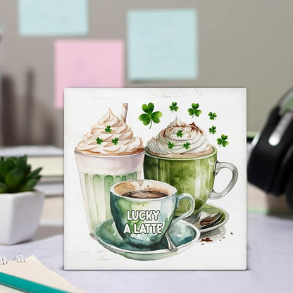 St. Patrick's Day Decor - St Patricks Day Decorations - St. Patrick's Day Coffee Lucky a Latte Wooden Sign Home Coffee Bar Kitchen Table Desk Shelf Decor 5×5 Inches