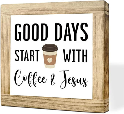 Coffee Sign Decor for Coffees Bar Good Days Start with Coffee & Jesus Wood Farmhouse Wall Sign Inspirational Cafe Bar Decor for Kitchen Home Office Ideal Gift To Christian Coffees Lover 5.9x5.9 Inch