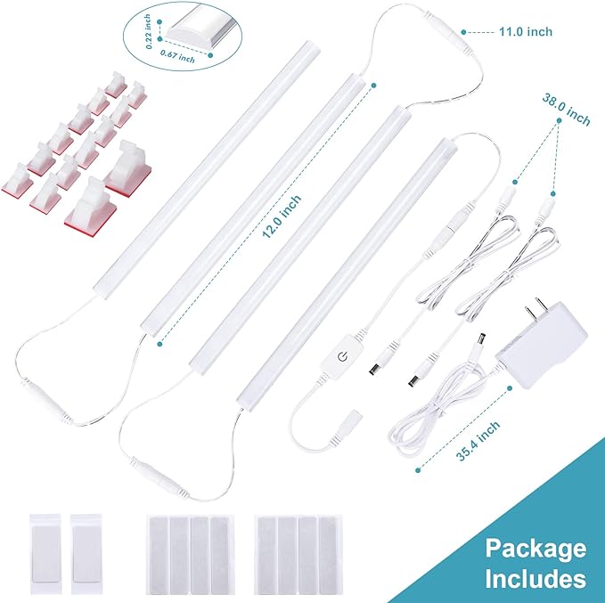 JUSJUBR Under Cabinet Lights Plug-in, 4 Pack x 12inch LED Under Cabinet Lighting, Dimmable Plug-in Light Bar for Desk, Under Kitchen Counter LED Lights with Memory Function, Cold White 6500K