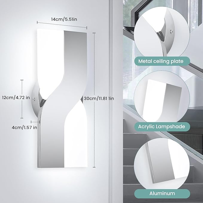 Modern LED Wall Sconce, 6000K Cool White Hardwired Wall Light Fixtures, 8W Chrome Acrylic Wall Mounted Lighting Fixture for Bedroom, Living Room, Hallway, Corridor