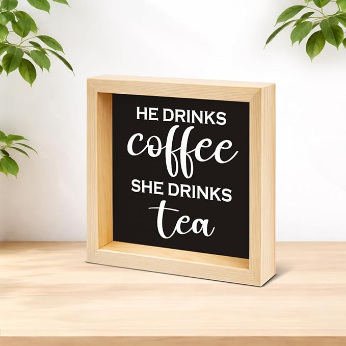 Funny Coffee and Tea Bar Decor - Coffee Lover Gift Ideas for He She - Double-sided Wood Box Sign for Home Kitchen Farmhouse Office Desk Shelf Decor