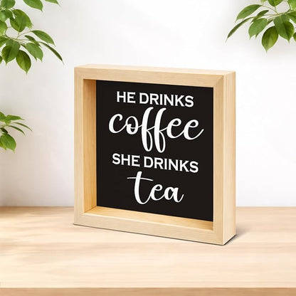 Funny Coffee and Tea Bar Decor - Coffee Lover Gift Ideas for He She - Double-sided Wood Box Sign for Home Kitchen Farmhouse Office Desk Shelf Decor