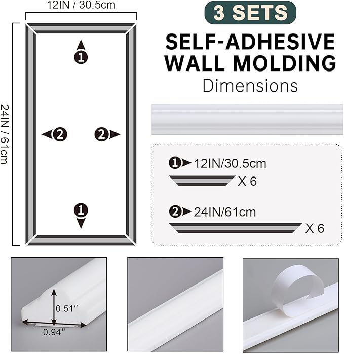 Melkus Peel and Stick Wall Molding Kit, 3 Sets 12