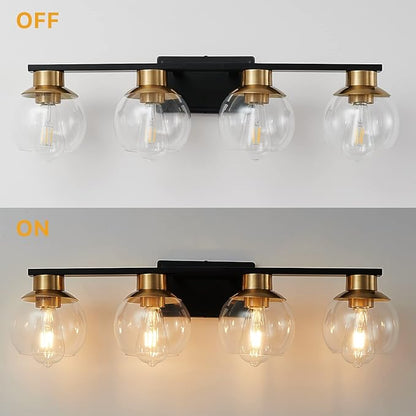 PAZALA Black Gold Bathroom Light Fixtures Over Mirror 4-Lights Vanity Light Wall Sconce with Globe Glass Shade, E26 Base, Perfect for Hallway Picture Wall Lighting Bathroom Bedroom Mirror Living Room