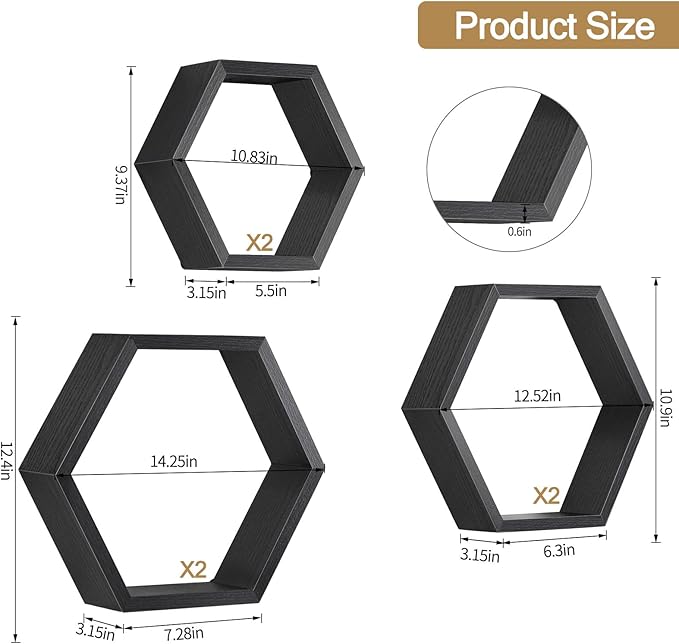 YBING Hexagon Floating Shelves Black Hexagonal Shelves Set of 6 Wood Honeycomb Shelves for Farmhouse MDF Hexagon Wall Decor Storage Shelves for Bedroom Office Living Room