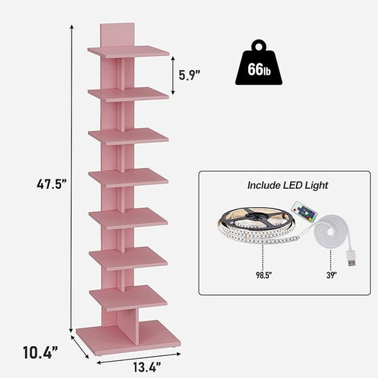 TUTOTAK Narrow Bookshelf, 8-Tier Bookcase with LED Lights, Spine Book Shelf for Small Space, Corner Standing Shelf for Living Room, Office, Study, Entryway, Pink BS06BP008L