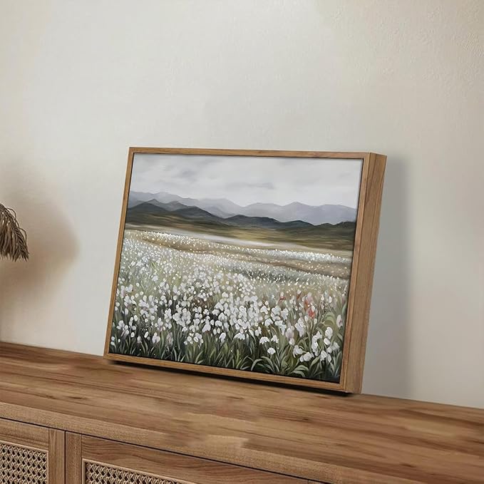 OIQArtOIQ Framed Vintage Landscape Wall Art Wildflowers Natural Scenery Oil Painting Canvas Prints Farmhouse Decor Floral Rustic Fall Pictures for Kitchen Bedroom Living Room Bathroom
