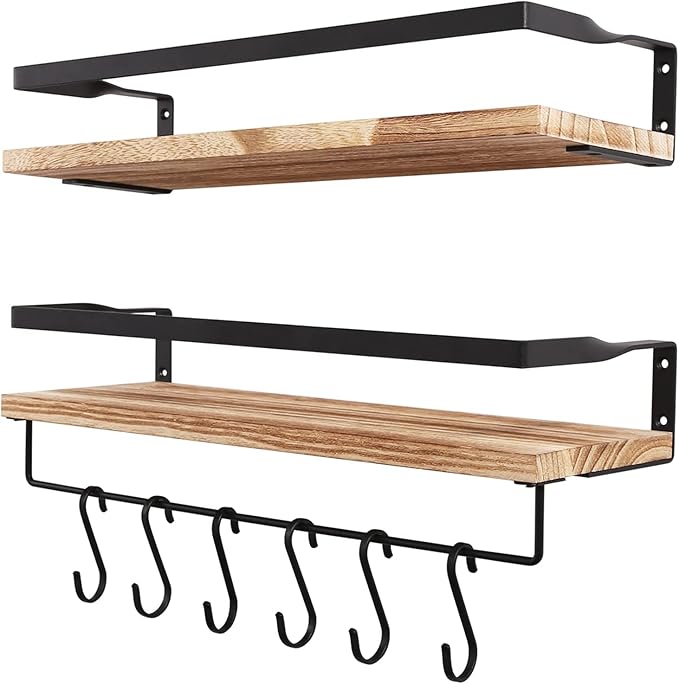 Uten Floating Shelves, Wall Shelf Outdoor, 42x15x8 cm, Shelving Unit for Wall, Towel Holder 6 Hooks, Kitchen Spice Rack, Storage Organiser Shelf for Bedroom, Bathroom, Living Room, Office