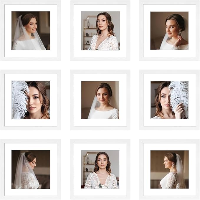 10x10 Picture Frame Set of 9, Display Pictures 8x8 with Mat or 10x10 without Mat, Multi Collage Gallery Square Photo Frames for Wall or Tabletop, White