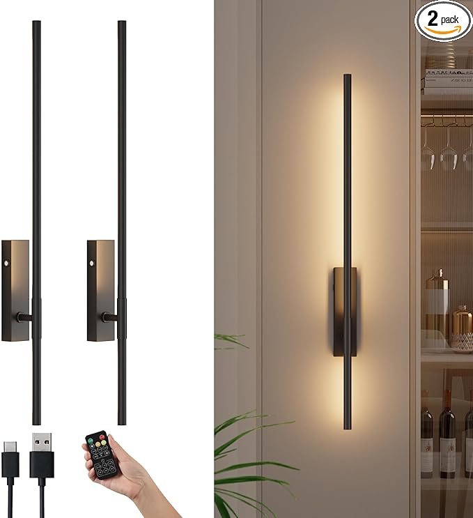 Battery Operated Wall Sconces with Remote Control, 6W 6000mAh Dimmable Wireless Wall Sconces Set of 2, Rechargeable Wall Lights Indoor for Living Room Bedroom Hallway, 32.7inch, 2 Pack,Black