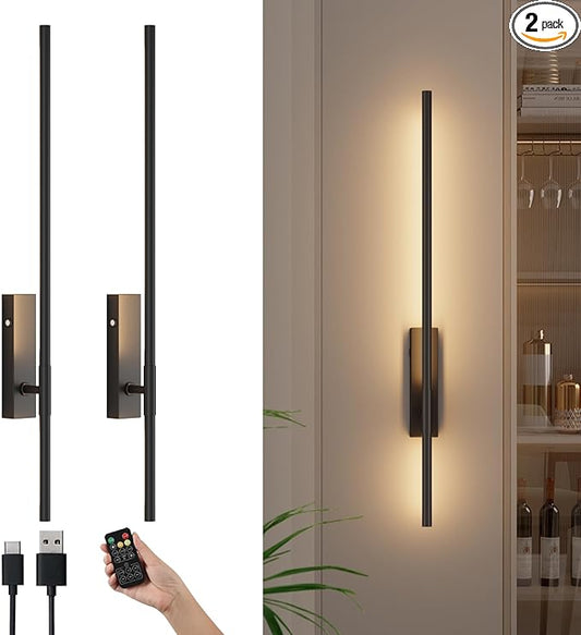 Battery Operated Wall Sconces with Remote Control, 6W 6000mAh Dimmable Wireless Wall Sconces Set of 2, Rechargeable Wall Lights Indoor for Living Room Bedroom Hallway, 32.7inch, 2 Pack,Black