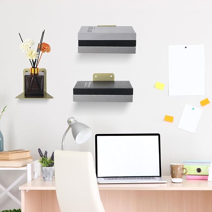 Jetec 6 Pack Invisible Floating Bookshelf Wall Mounted Floating Bookshelves Heavy Duty Book Organizers Hidden Book Shelf Metal Shelves Holder for Books Bedroom Living Room Home Office (Gold)