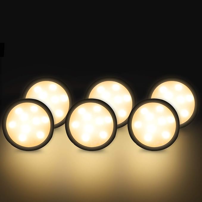 YGS-Tech LED Under Cabinet Lighting Kit, 1020 Lumens LED Puck Light, 3000K Warm White, CRI90+, Touch Dimming, Black Trim All Accessories Included, for Kitchen, Closet Lights, Safe Light, 6-Pack