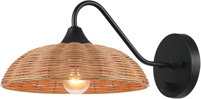 Globe Electric Plug-in or Hardwire Wall Sconce, Matte Black, Paper Twine Shade, 6-Foot Cord, Rotary Switch, 65000105