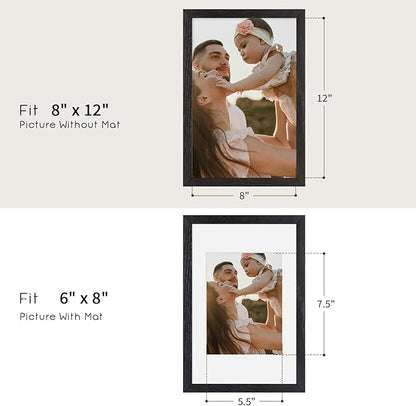 puthiac 8x12 Solid Oak Wood Picture Frame, Fits 6x8 with Mat or 8x12 Without Mat, Wall or Tabletop Display with Stand, Vertical or Horizontal, Plexi Front, 3 Pack, Black