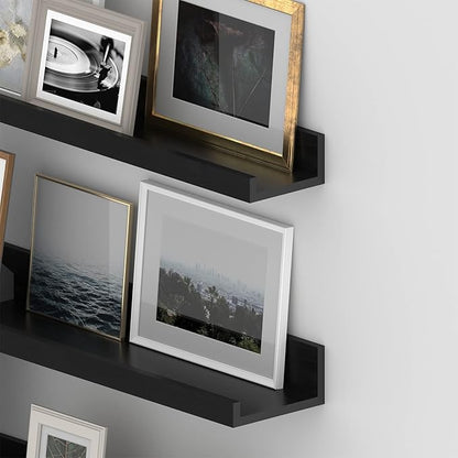 Giftgarden 47 Inch Black Floating Shelves Ledge, Wall Mount Long Picture Rail Large Woodgrain Photo Shelving for Living Room Bedroom Office, Set of 3 Different Sizes