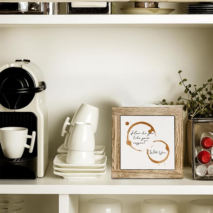 Funny Cafe Wooden Sign, How Do You Like Your Coffee With You, Coffee Stains Decorative Sign, Farmhouse Cafe Decorative Signs for Home Kitchen Table Top Shelf 5.9X5.9 Inches