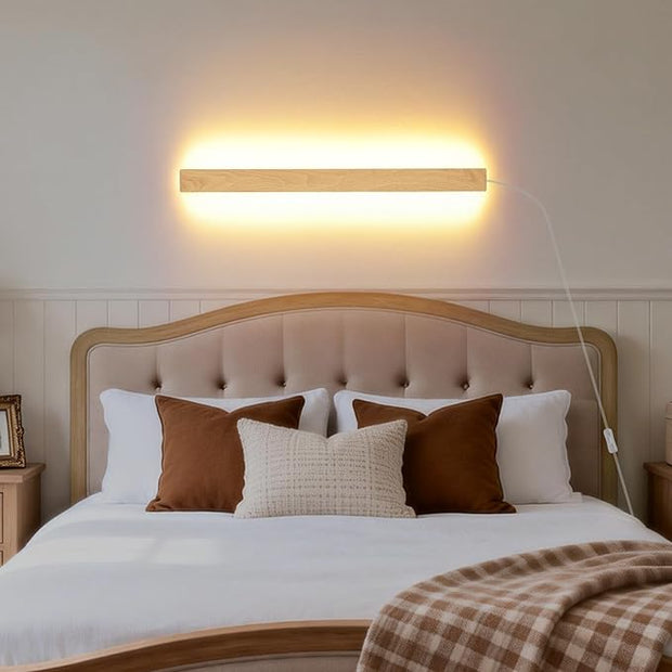 Modern Plug in Wall Sconces, 23.6 inch Faux Wood Texture Finish LED Long Wall Lights, 12W Warm White 3000K Acrylic Indoor Wall lamp,with 59" Plug Cable for Bedroom, Living Room, Bathroom, Hallway