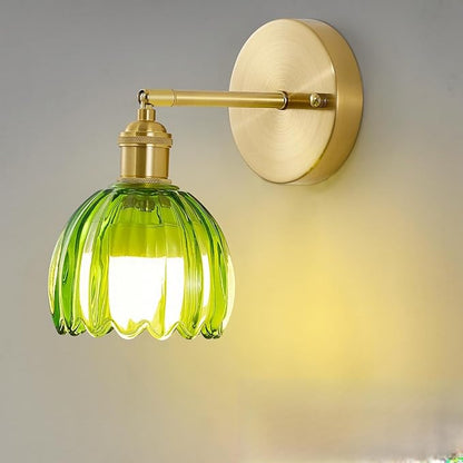Vintage Battery Operated Wall Sconces with Remote, 180 Degree Adjustable, Modern Battery Powered Wall Lighting Fixture with Green Tulip Glass Lampshade for Bedroom Bedside Bathroom