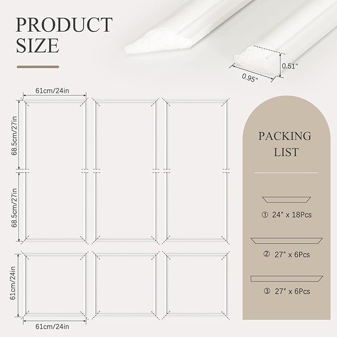 3 Sets Peel and Stick Wall Molding Kit, Premade Wainscoting Panels for Interior Wall Moulding Decor, Ready to Assemble Wainscoting Accent Panel (54 x 24In, 24 x 24In)