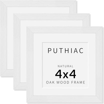puthiac 4x4 Solid Oak Wood Picture Frame, Fits 3x3 with Mat or 4x4 Without Mat, Wall or Tabletop Display with Stand, Plexi Front, 3 Pack, White