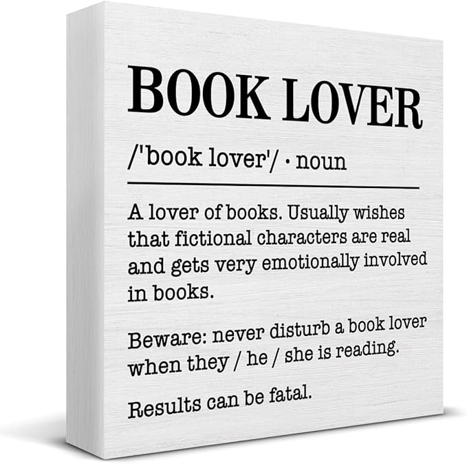 Book Lover Decor Rustic Book Lover Definition Wooden Sign Decorations Home Book Room Library Desk Table Shelf 5×5 Inches, Book Lover Gifts for Women Men Girls Boys