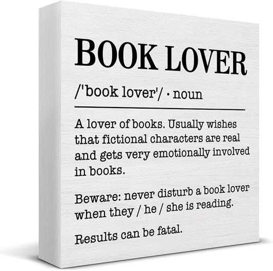 Book Lover Decor Rustic Book Lover Definition Wooden Sign Decorations Home Book Room Library Desk Table Shelf 5×5 Inches, Book Lover Gifts for Women Men Girls Boys
