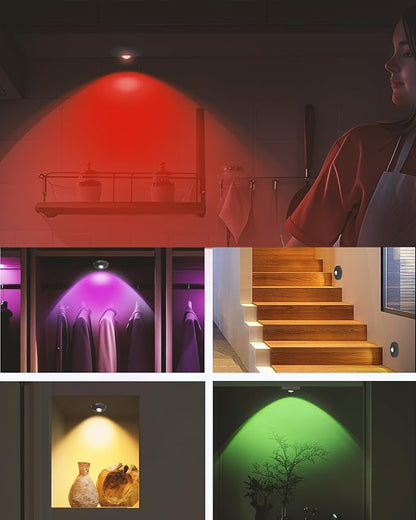 Rechargeable RGB Puck Lights with Remote Control, 1500mAh Battery Operated Push Lights, Dimmable & Timer Under Cabinet Lighting for Closet, Bedroom, Kitchen Black 3Pcs