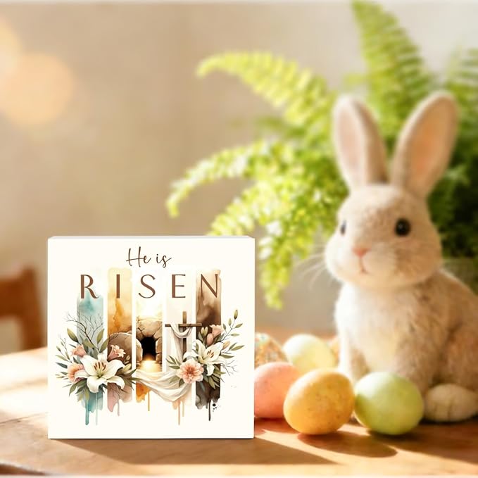 Christian Sign Decor Decorations Religious Jesus Decorations Christian Gifts for Women Home Office Desk Table Shelf Tiered Tray Decor He Is Risen Wooden Sign 5 X 5 Inch